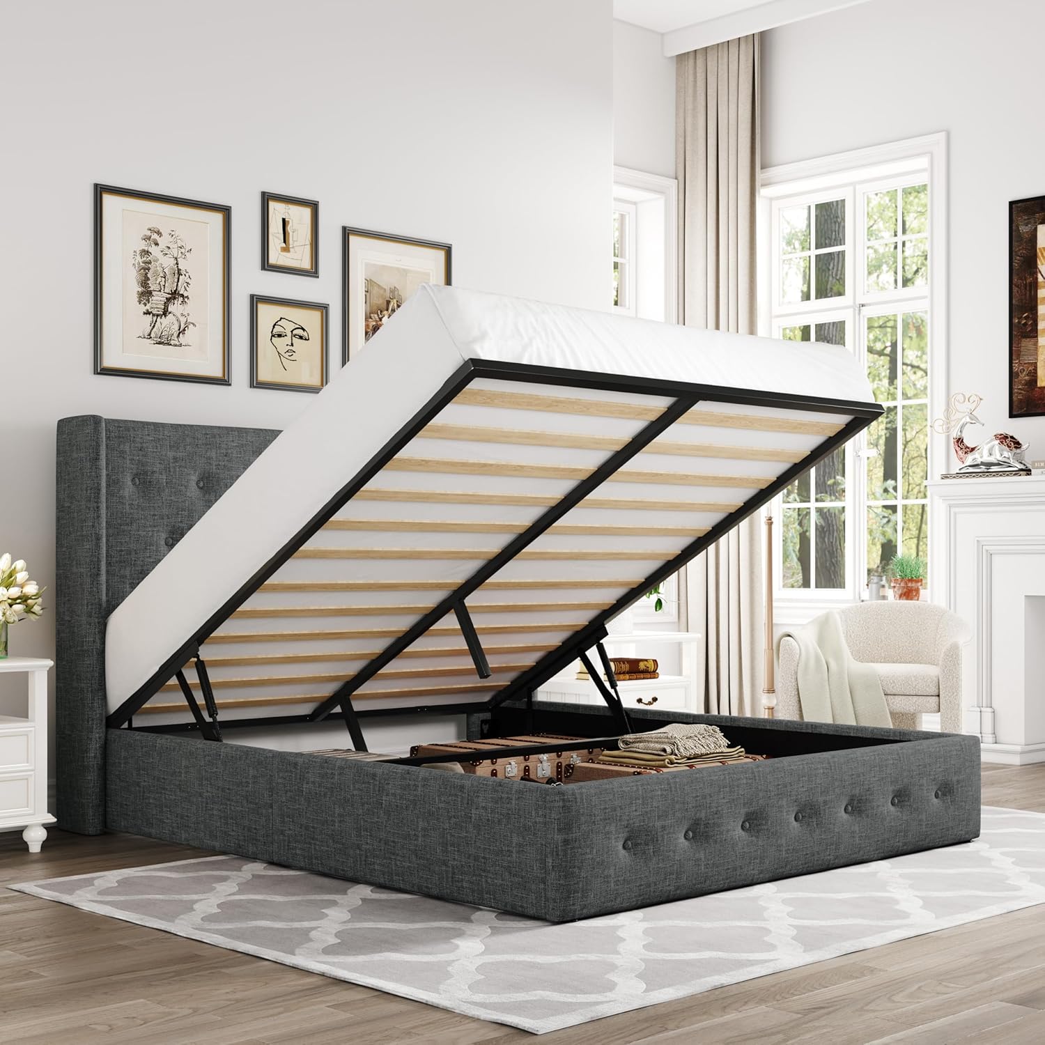 ALLEWIE Queen Size Lift Up Storage Bed with Wingback Headboard