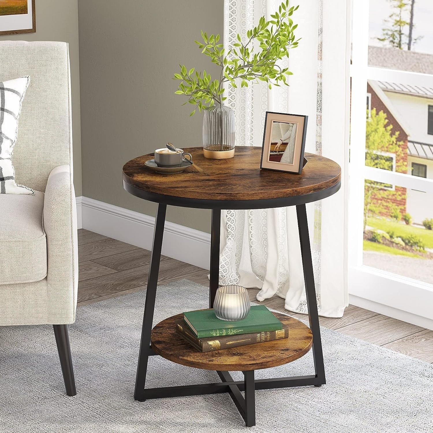 Industrial End Table, Round Side Table Table Small Coffee Accent Table