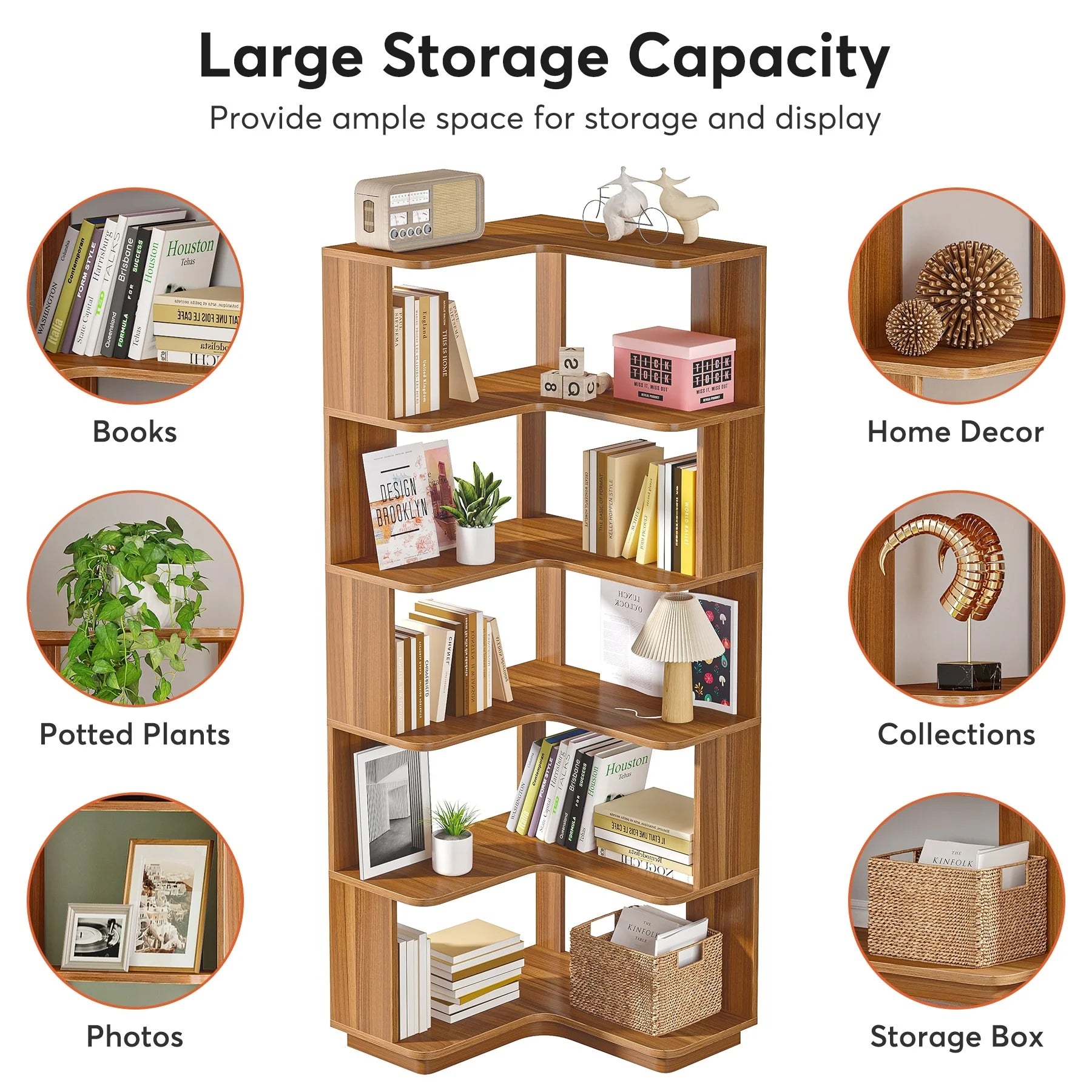 6-Tier Corner Book Shelf, 64.9Tall Freestanding Wood Industrial Bookcase Bookshelf