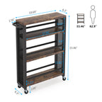 Brown Narrow Rolling Kitchen Storage Cart with Wheels, 4 Tiers Slim Serving Trolley Utility Carts with Handle for Small Space