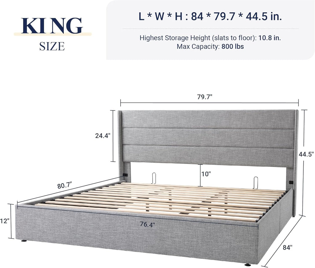 ALLEWIE Queen Size Lift Up Storage Bed with Wingback Headboard