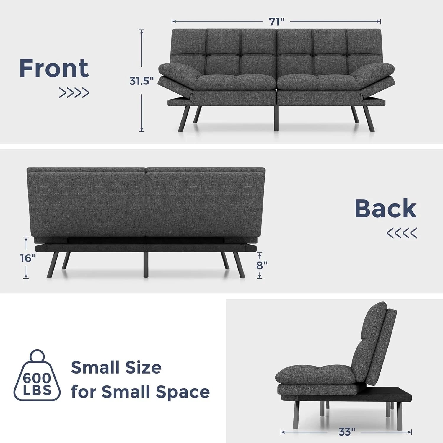 Futon Sofa Bed, Memory Foam Foldable Couch Convertible Loveseat Sleeper Daybed with Adjustable Armrests for Small Space
