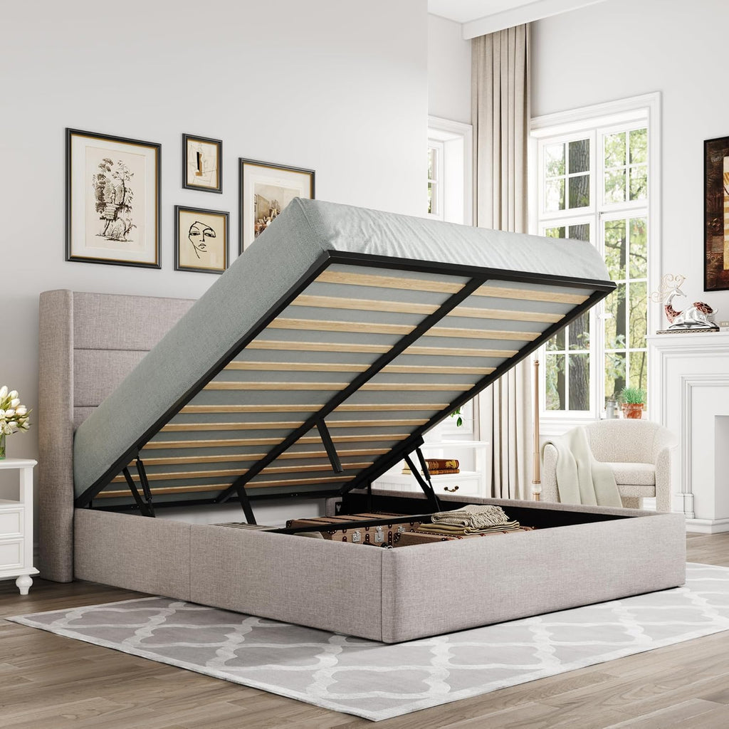 ALLEWIE Queen Size Lift Up Storage Bed with Wingback Headboard