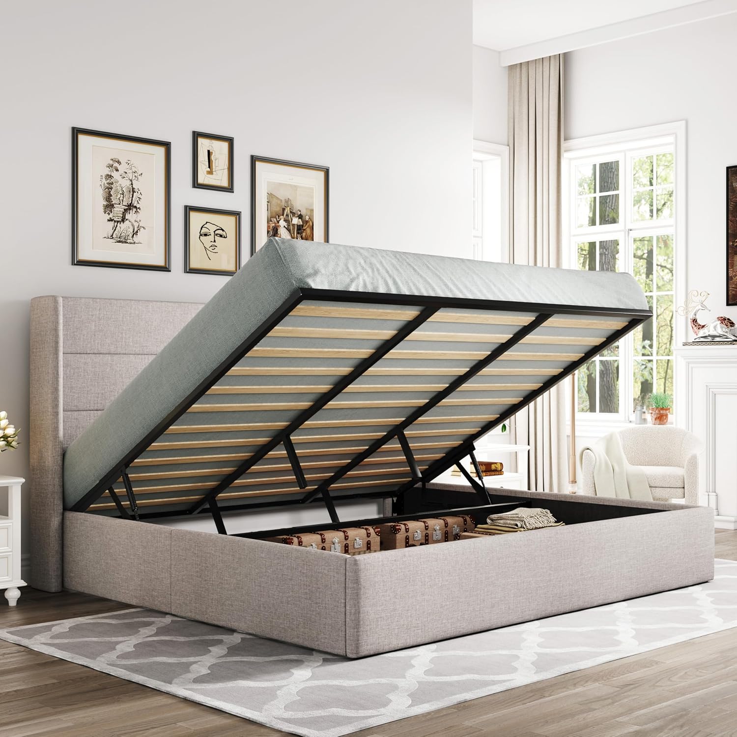 ALLEWIE Queen Size Lift Up Storage Bed with Wingback Headboard
