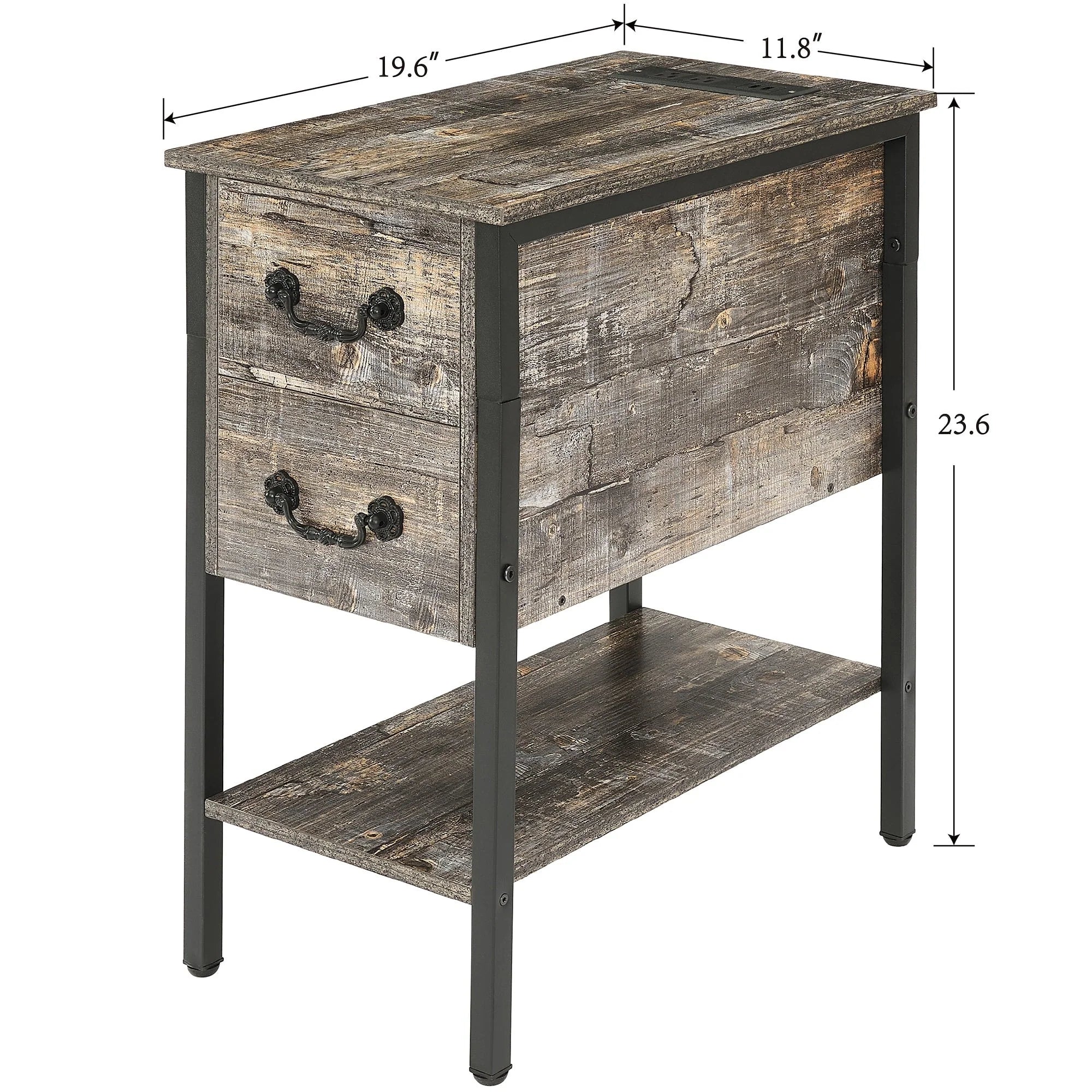 End Table with Charging Station, Narrow Chairside Table with Drawers & USB Ports & Power Outlets, Nightstand for Small Spaces