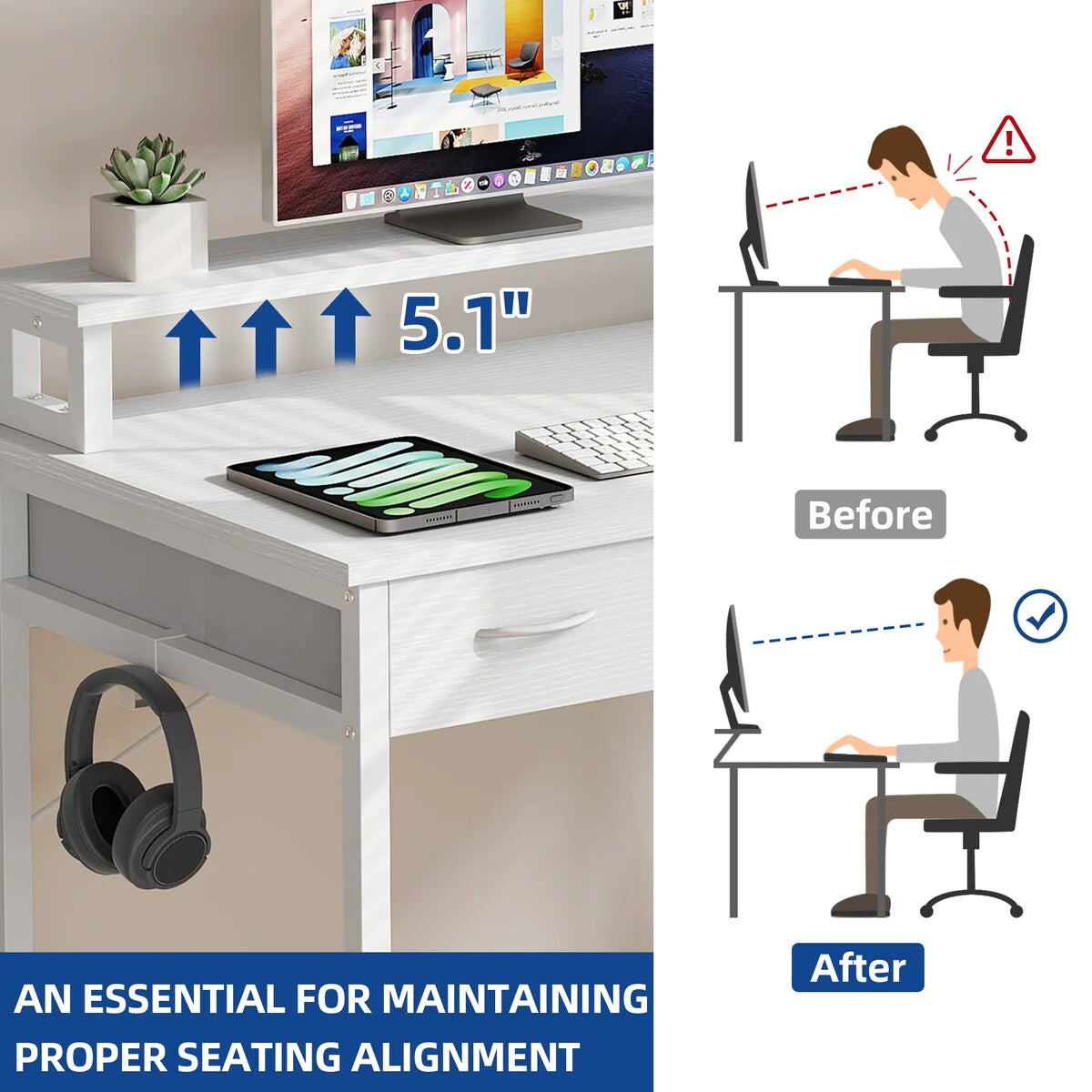 Moasis Small Computer Desk with Fabric Drawers and Monitor Stand