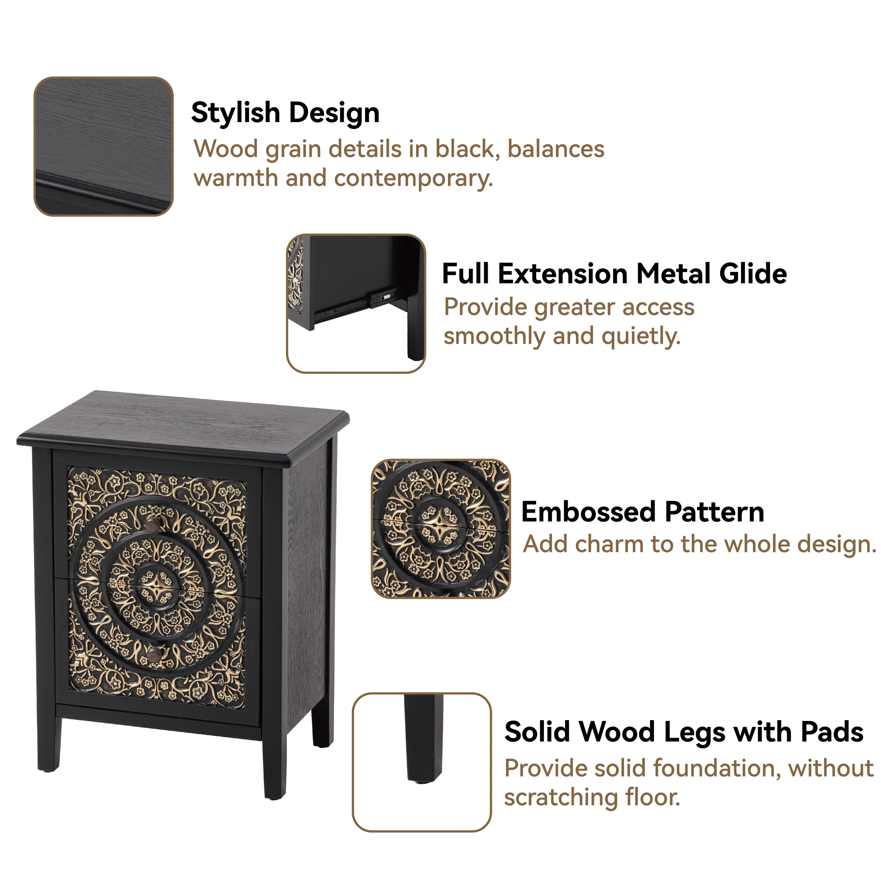 COZAYH Farmhouse Fully-Assembled Nightstand with 2-Drawer, Flower Motif End Table for Small Spaces, French Country