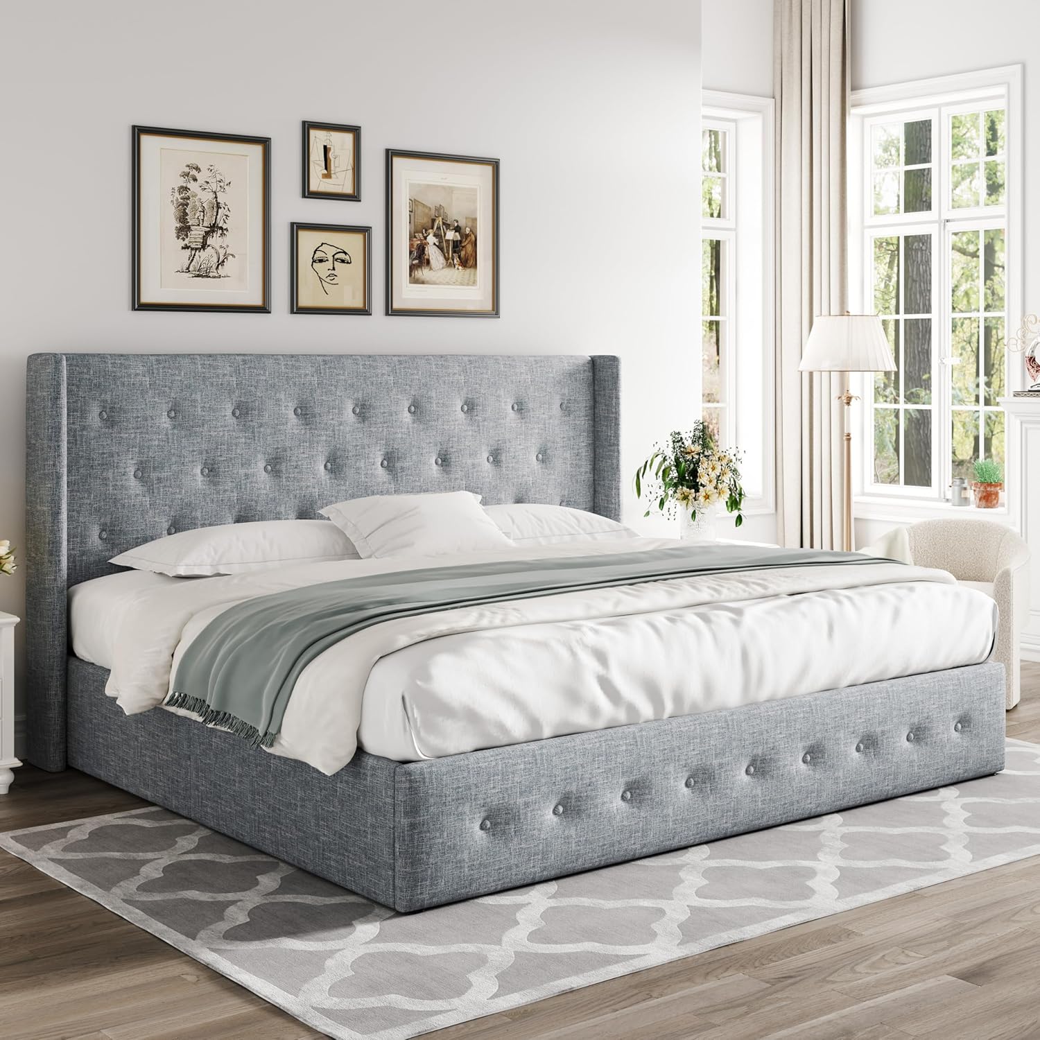 ALLEWIE Queen Size Lift Up Storage Bed with Wingback Headboard