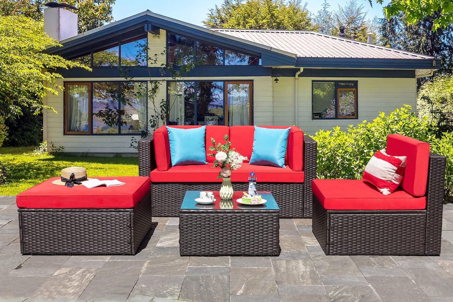 VONGRASIG 5 Piece All-Weather Patio Furniture Set with Ottoman