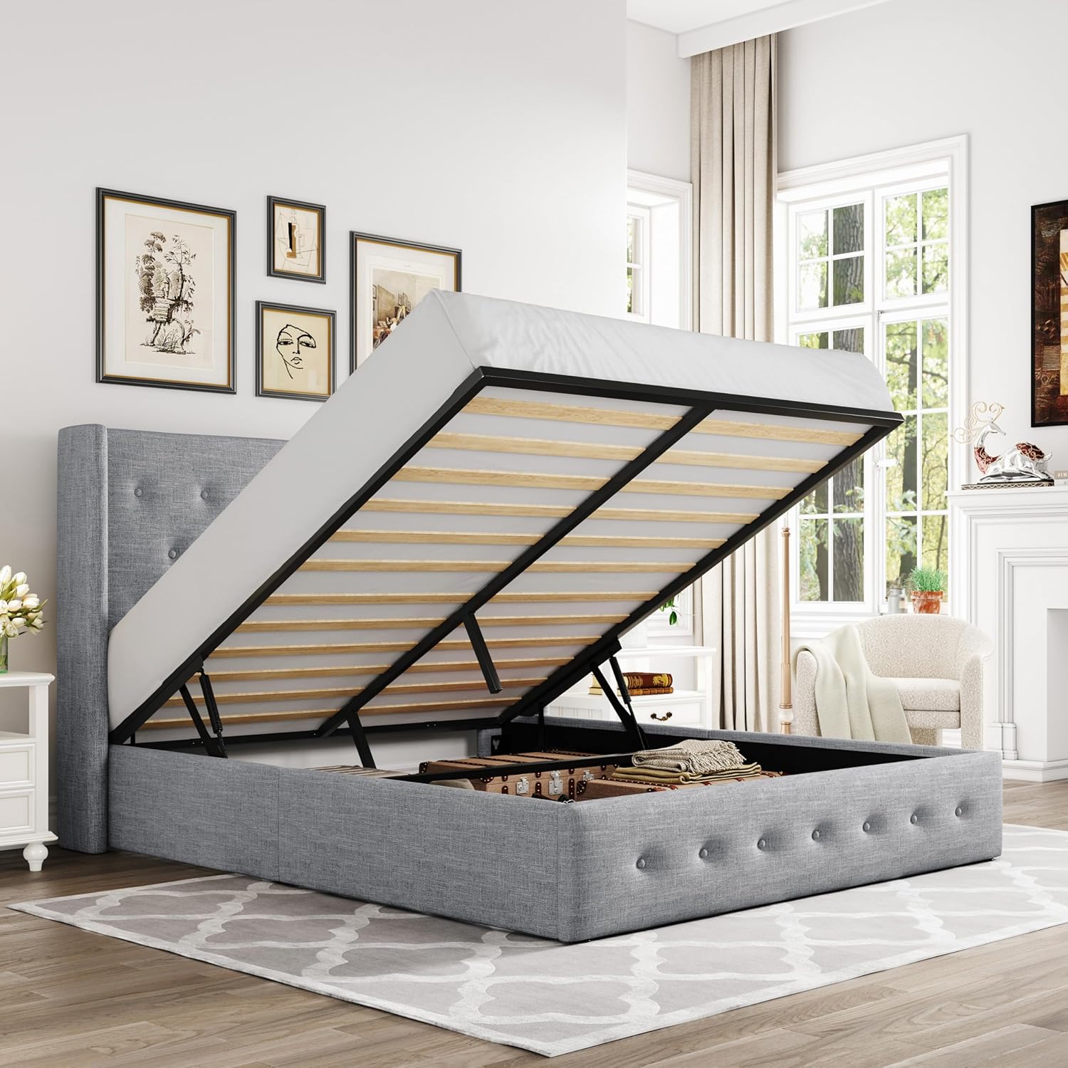 ALLEWIE Queen Size Lift Up Storage Bed with Wingback Headboard