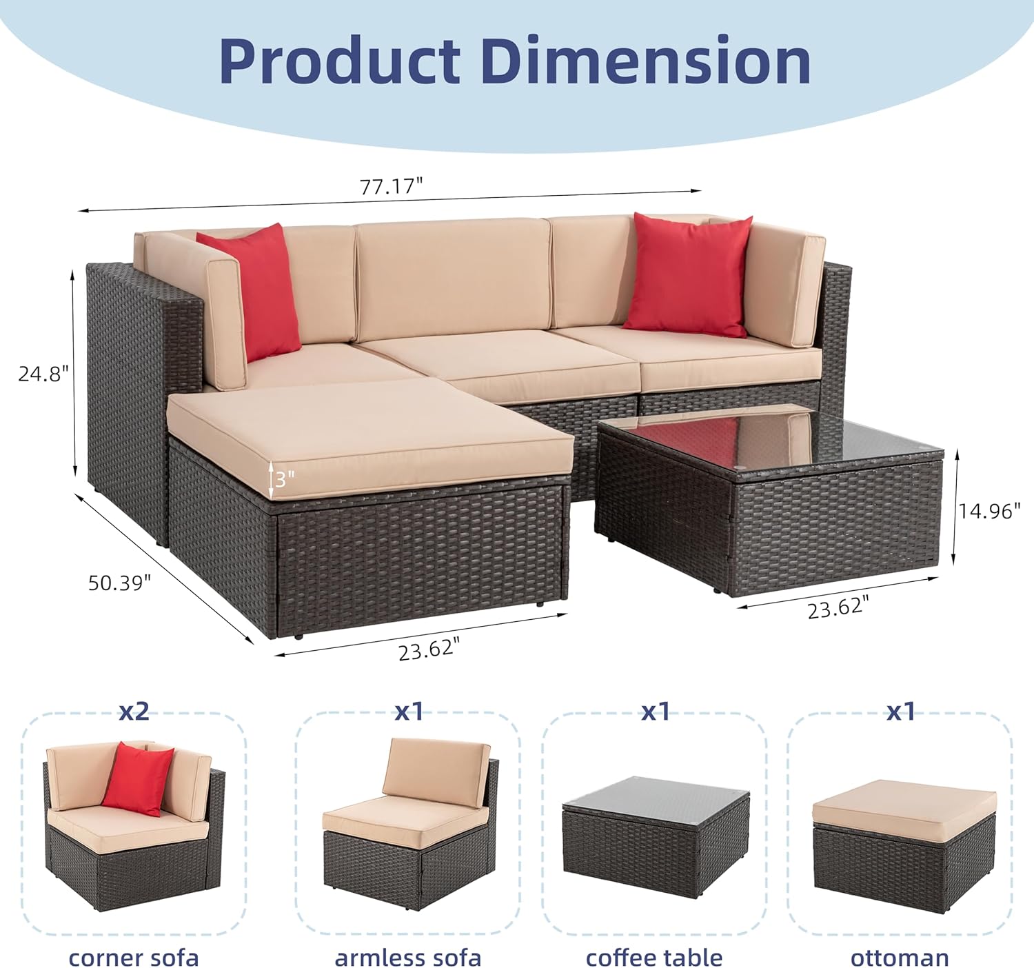 VONGRASIG 5 Piece All-Weather Patio Furniture Set with Ottoman
