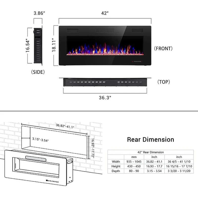 Electric Fireplace Heater Recessed Wall-mounted w/ RC (750-1500W)
