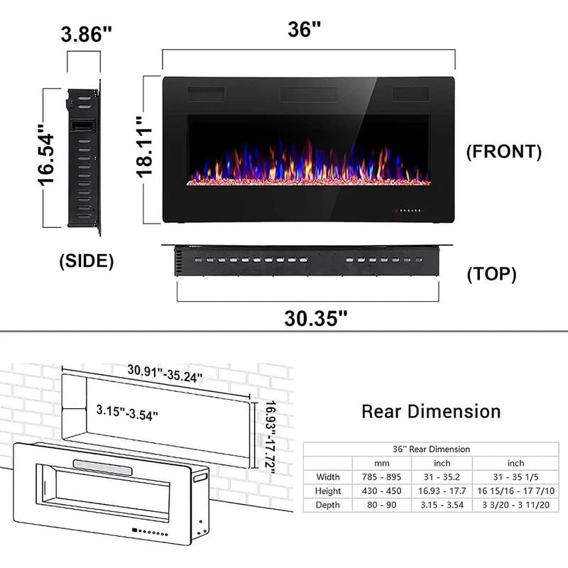 Electric Fireplace Heater Recessed Wall-mounted w/ RC (750-1500W)
