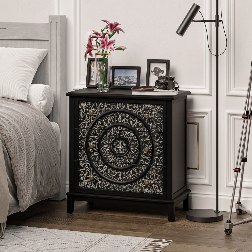 COZAYH Farmhouse Fully-Assembled Nightstand with 2-Drawer, Flower Motif End Table for Small Spaces, French Country