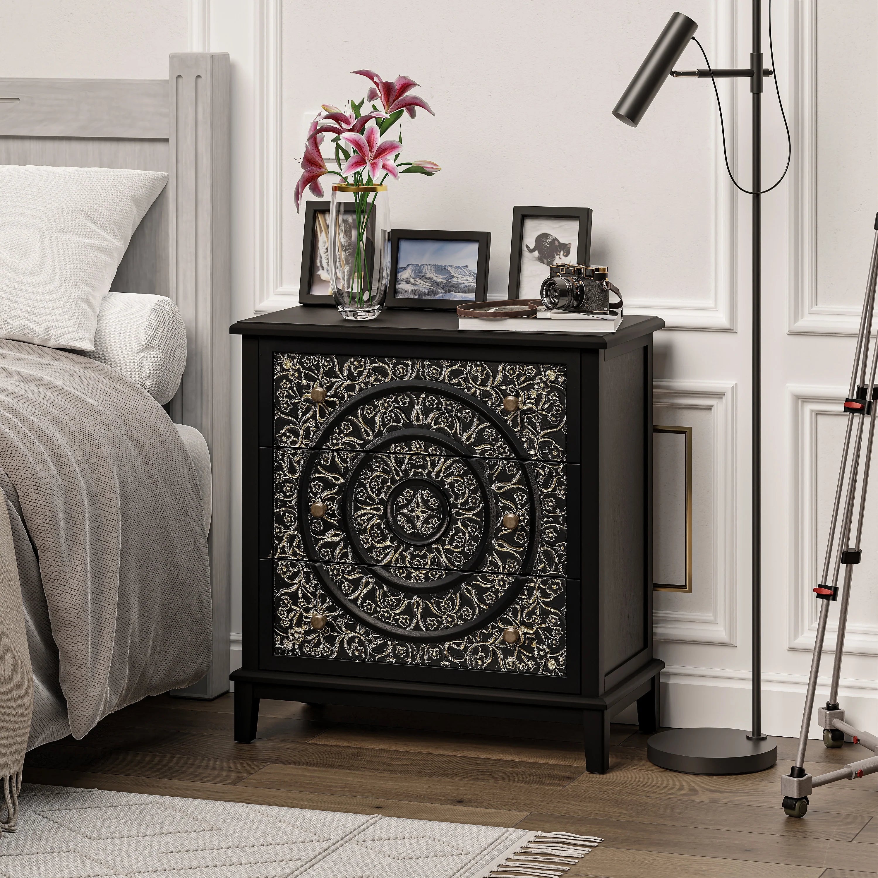 COZAYH Farmhouse Fully-Assembled Nightstand with 2-Drawer, Flower Motif End Table for Small Spaces, French Country