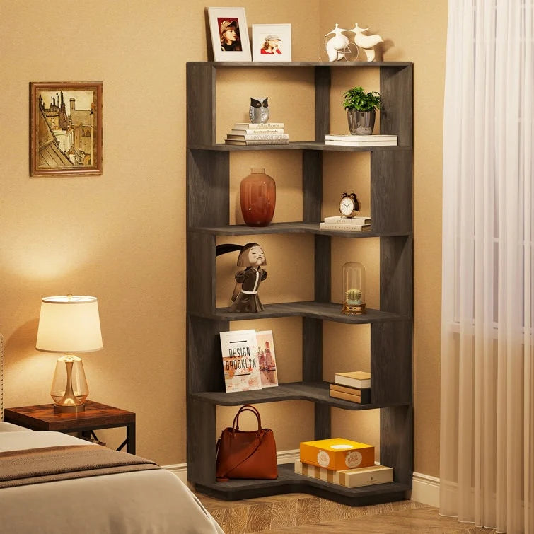 6-Tier Corner Book Shelf, 64.9Tall Freestanding Wood Industrial Bookcase Bookshelf