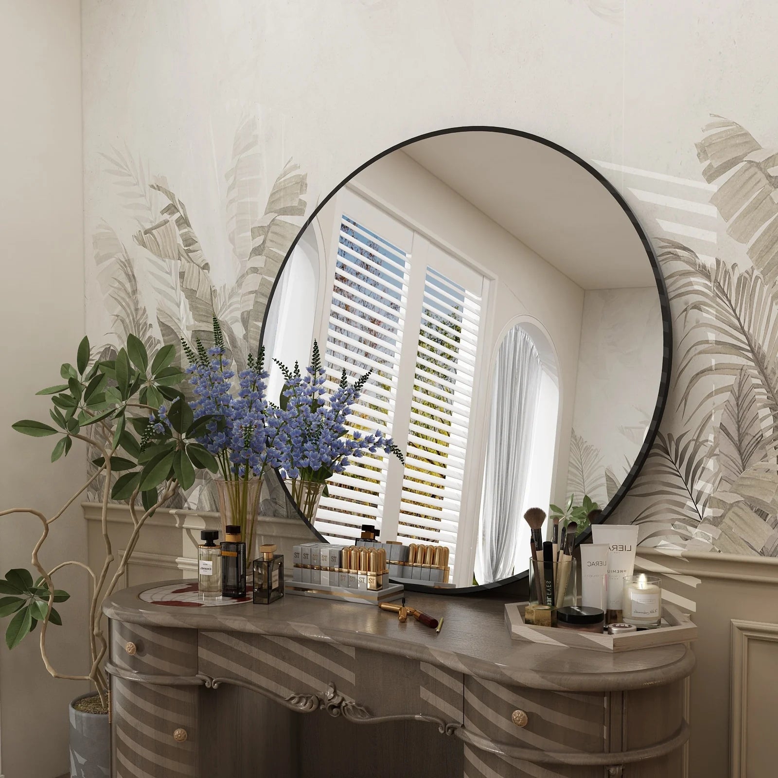 Apmir Round Metal Black Frame Bathroom Vanity Mirror Wall-mounted mirror