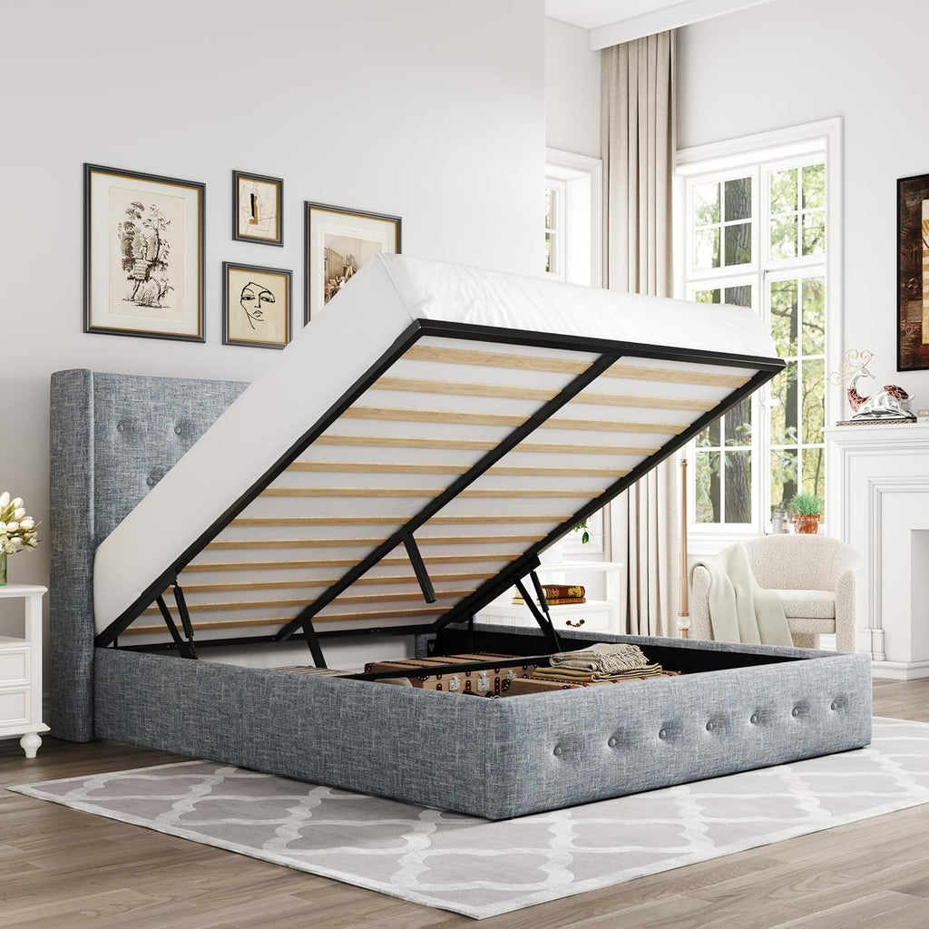 ALLEWIE Queen Size Lift Up Storage Bed with Wingback Headboard