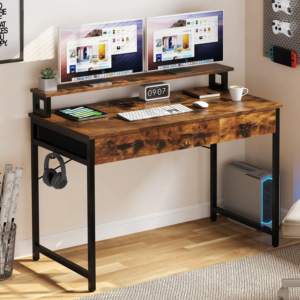 Moasis Small Computer Desk with Fabric Drawers and Monitor Stand