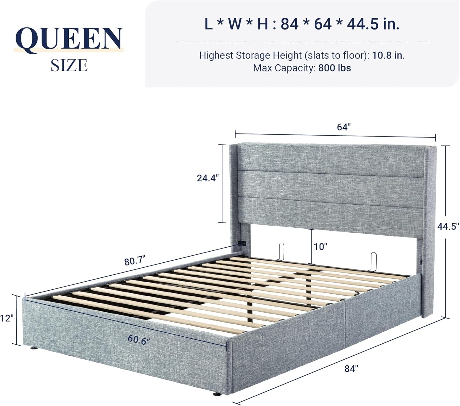 ALLEWIE Queen Size Lift Up Storage Bed with Wingback Headboard