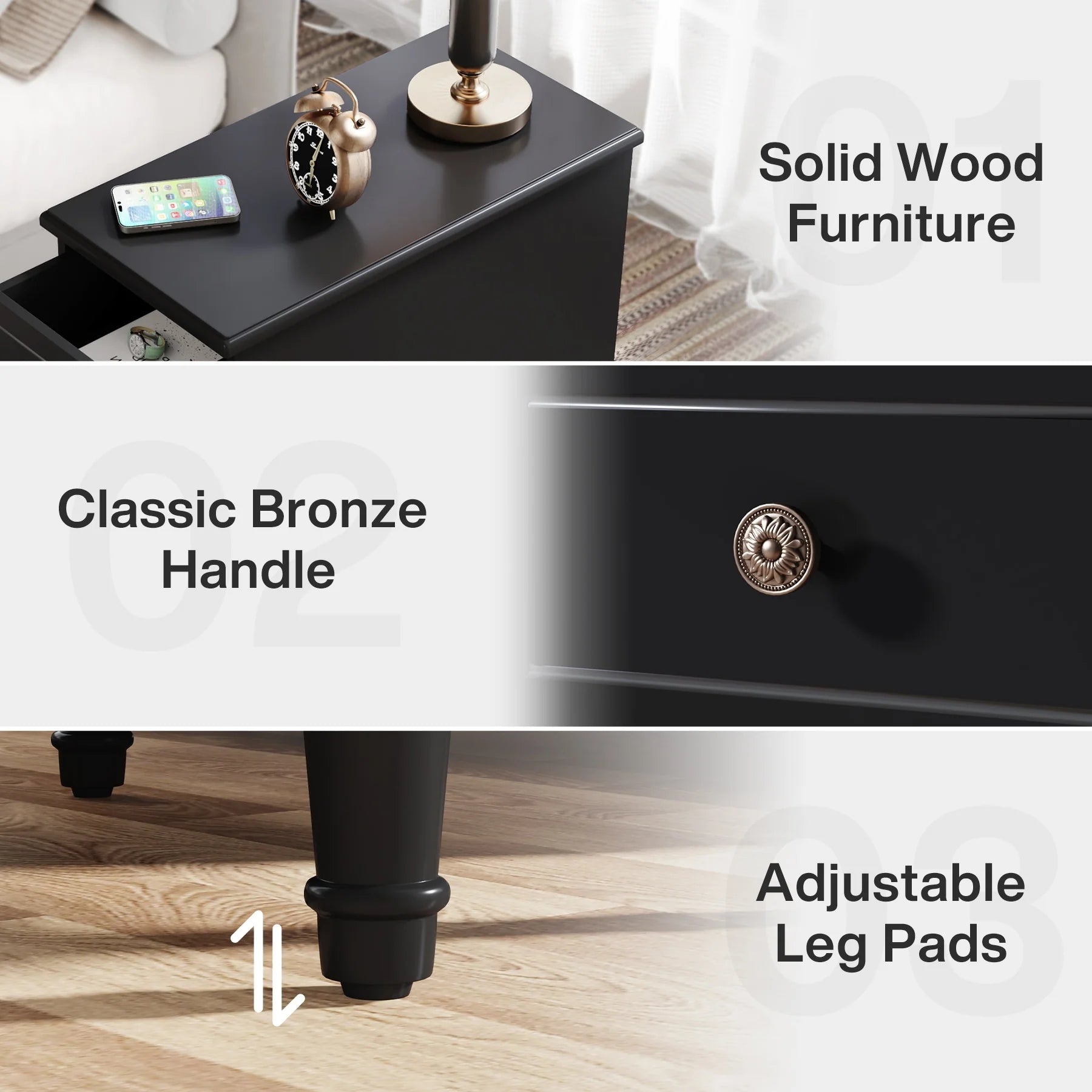Fully Assembled Narrow End Table, Solid Wood Side Table with 3 Drawers, Vintage Nightstand Slim Bedside Table for Small Spaces