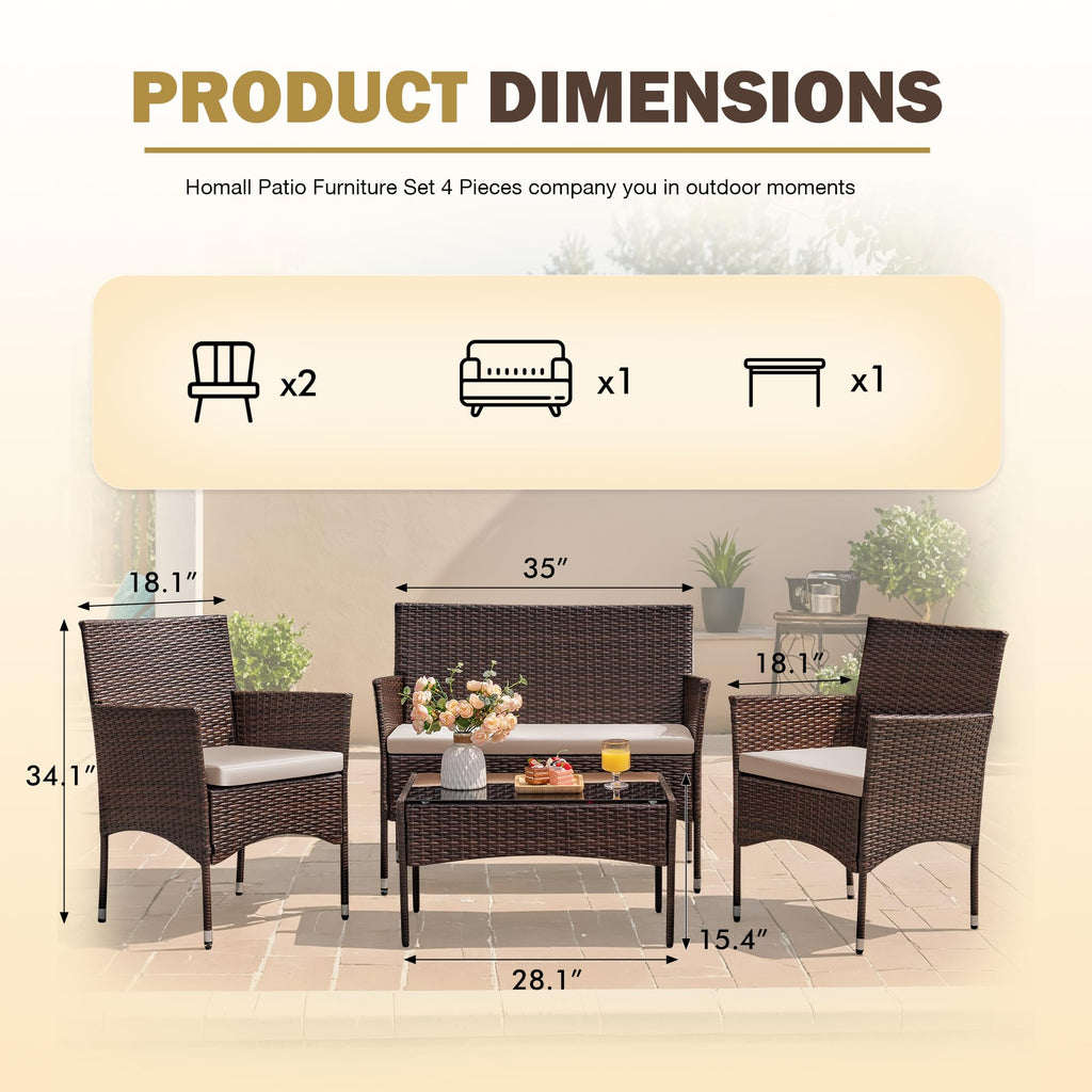 Homall 4 Pieces Outdoor Patio Furniture Sets Rattan Chair Wicker Set