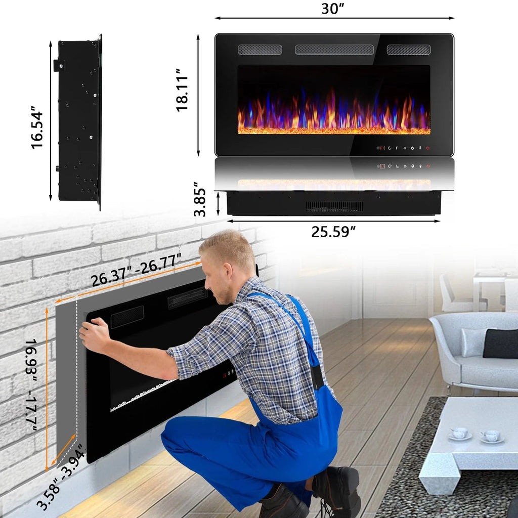 Bossin 30 to 72 inch Electric Fireplace Ultra-Thin and Silence Linear Recessed Wall Mounted Fireplace with Remote Control