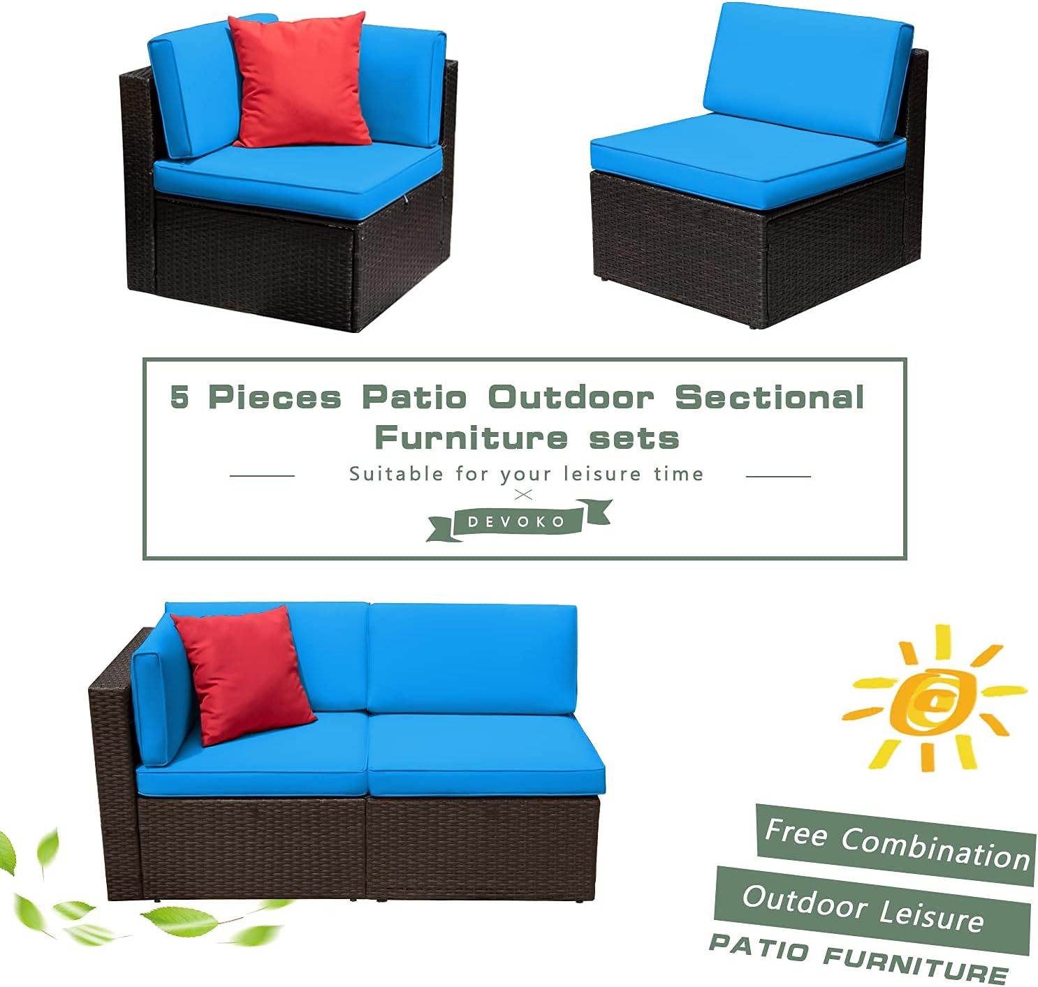 DEVOKO 5 Pieces All-Weather Patio Furniture Set with Cushions