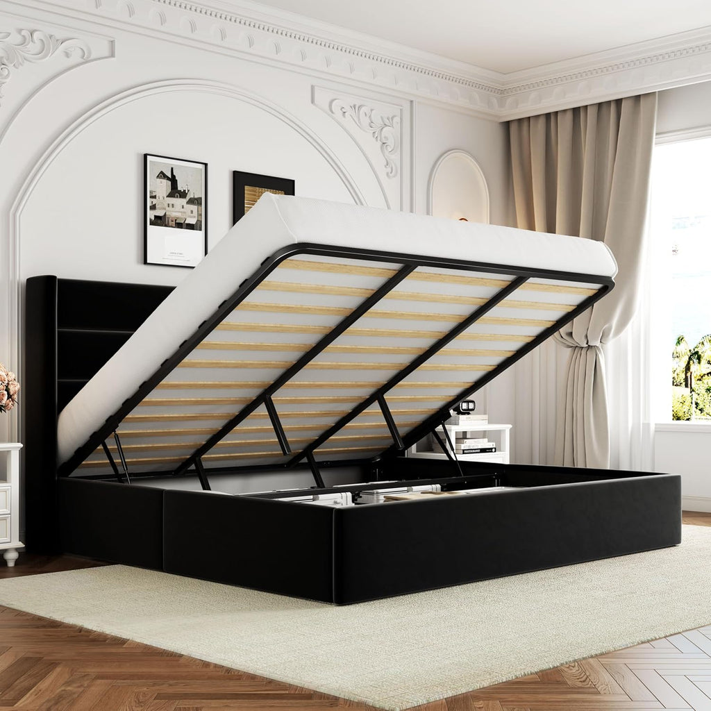 ALLEWIE Queen Size Lift Up Storage Bed with Wingback Headboard
