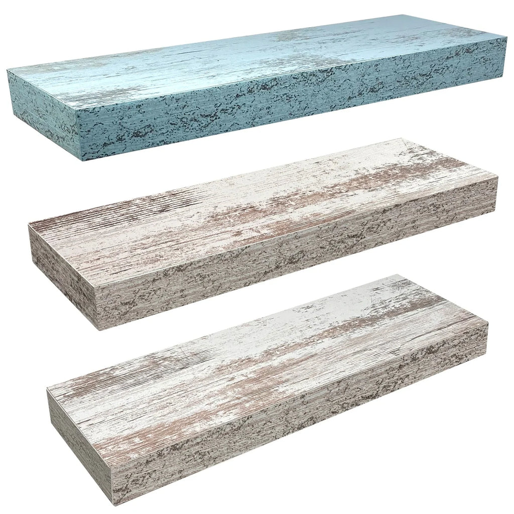 Floating Shelf Set, Rustic Wood Beach Style Hanging Wall Shelves - 3-Pack