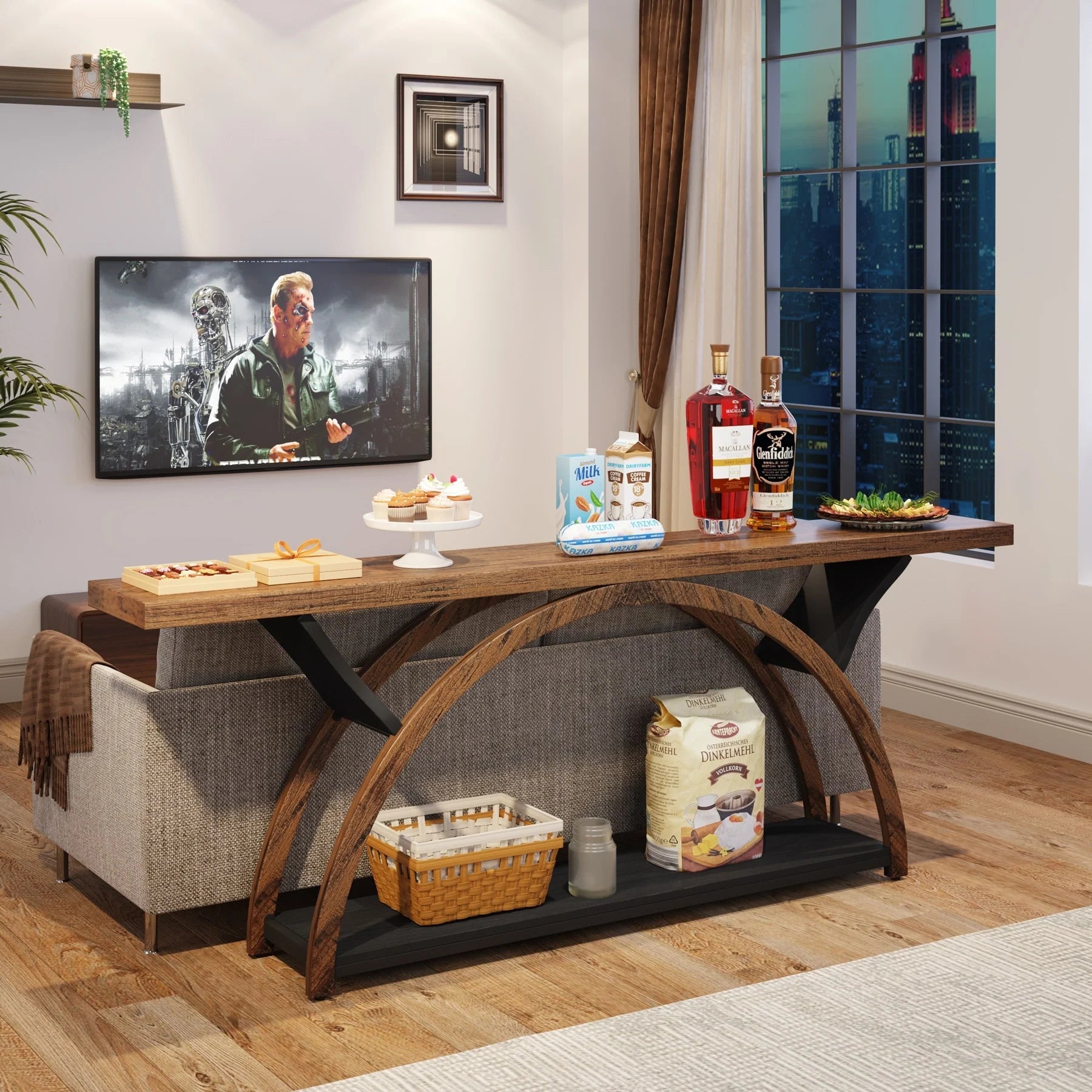 2-Tier Narrow Long Console Sofa Table with Semi-Circular Frame for Entryway,Gray Hallway Accent Tables
