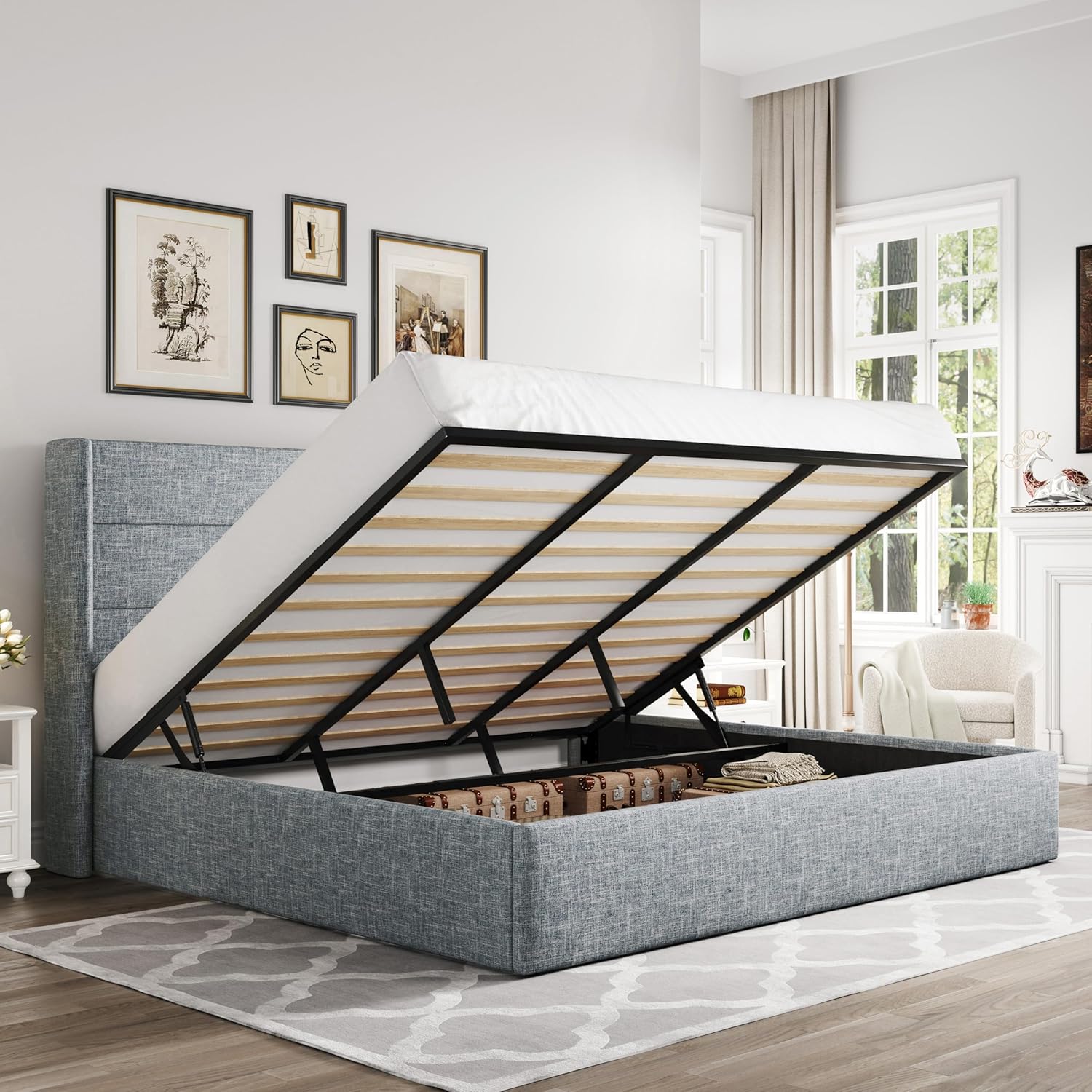 ALLEWIE Queen Size Lift Up Storage Bed with Wingback Headboard