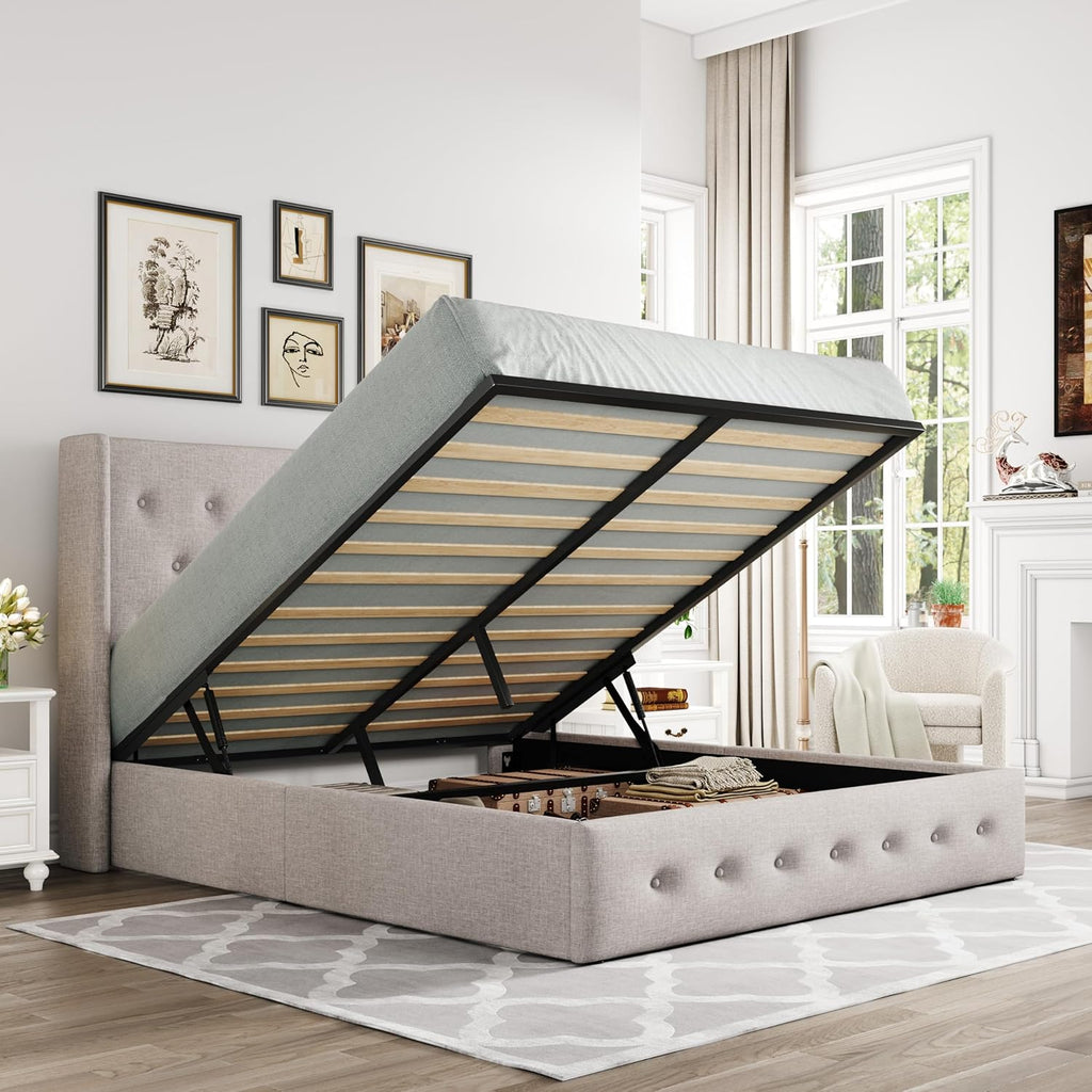 ALLEWIE Queen Size Lift Up Storage Bed with Wingback Headboard