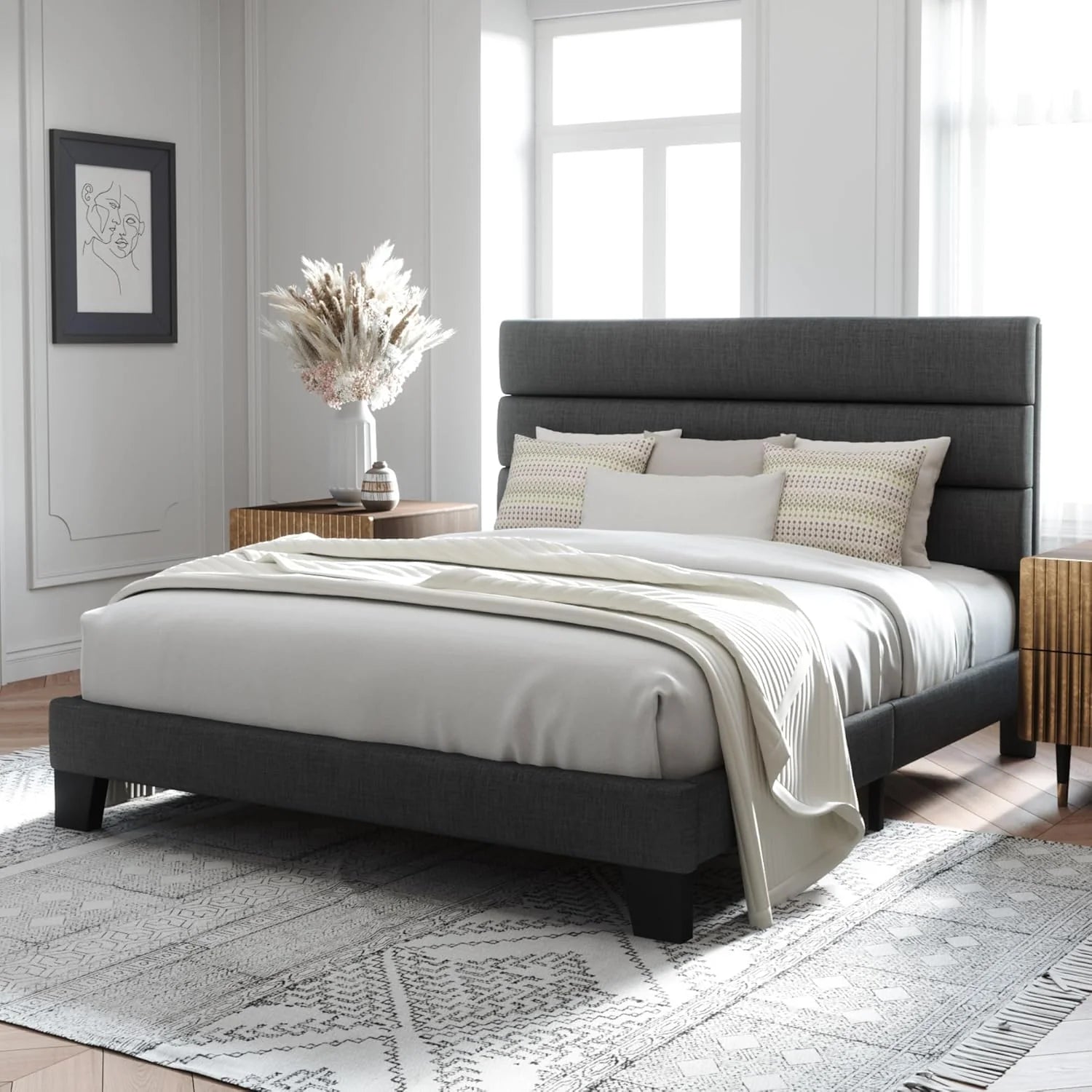 ALLEWIE Queen Size Upholstered Platform Bed Frame - Dark Grey