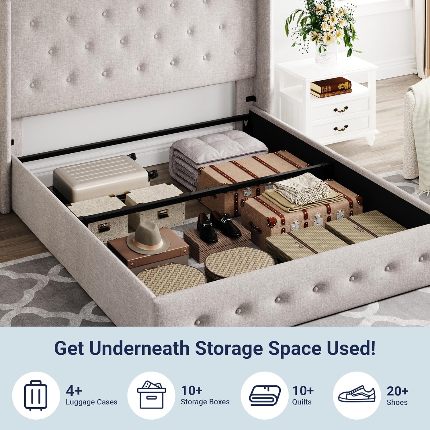 ALLEWIE Queen Size Lift Up Storage Bed with Wingback Headboard
