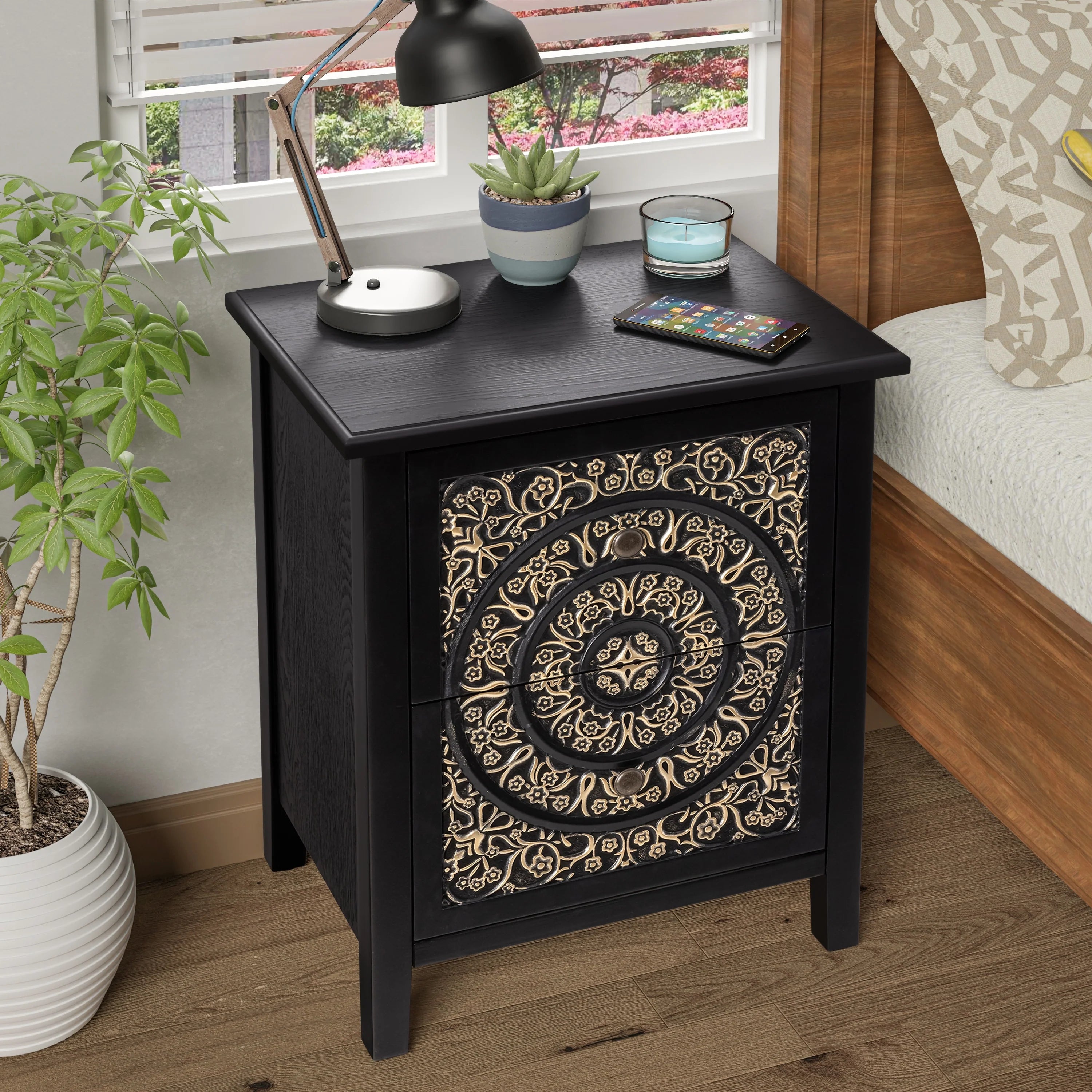 COZAYH Farmhouse Fully-Assembled Nightstand with 2-Drawer, Flower Motif End Table for Small Spaces, French Country