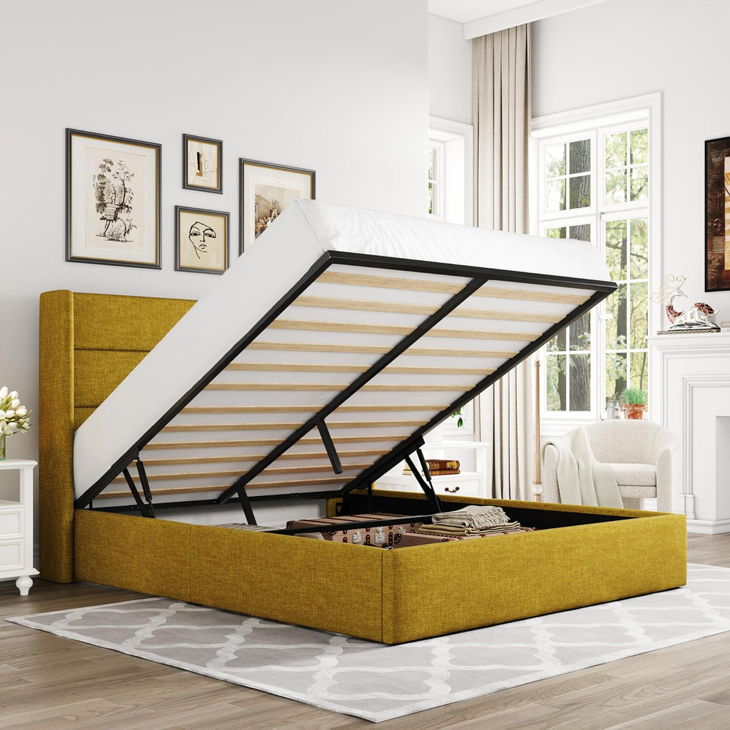 ALLEWIE Queen Size Lift Up Storage Bed with Wingback Headboard