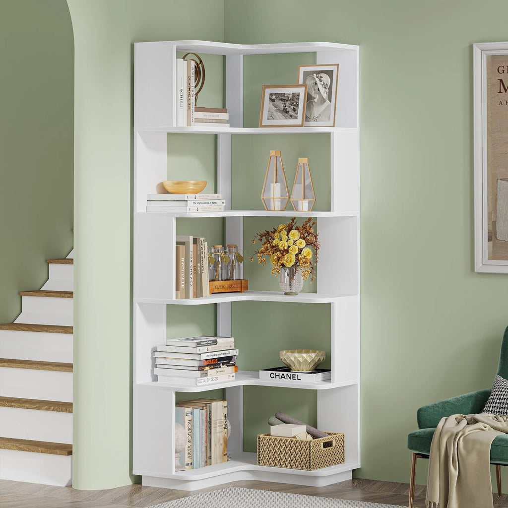 6-Tier Corner Book Shelf, 64.9Tall Freestanding Wood Industrial Bookcase Bookshelf