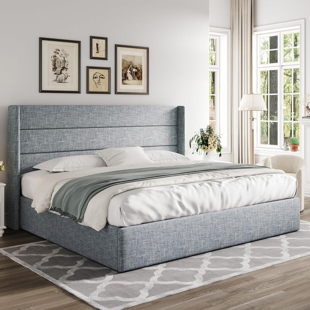 ALLEWIE Queen Size Lift Up Storage Bed with Wingback Headboard