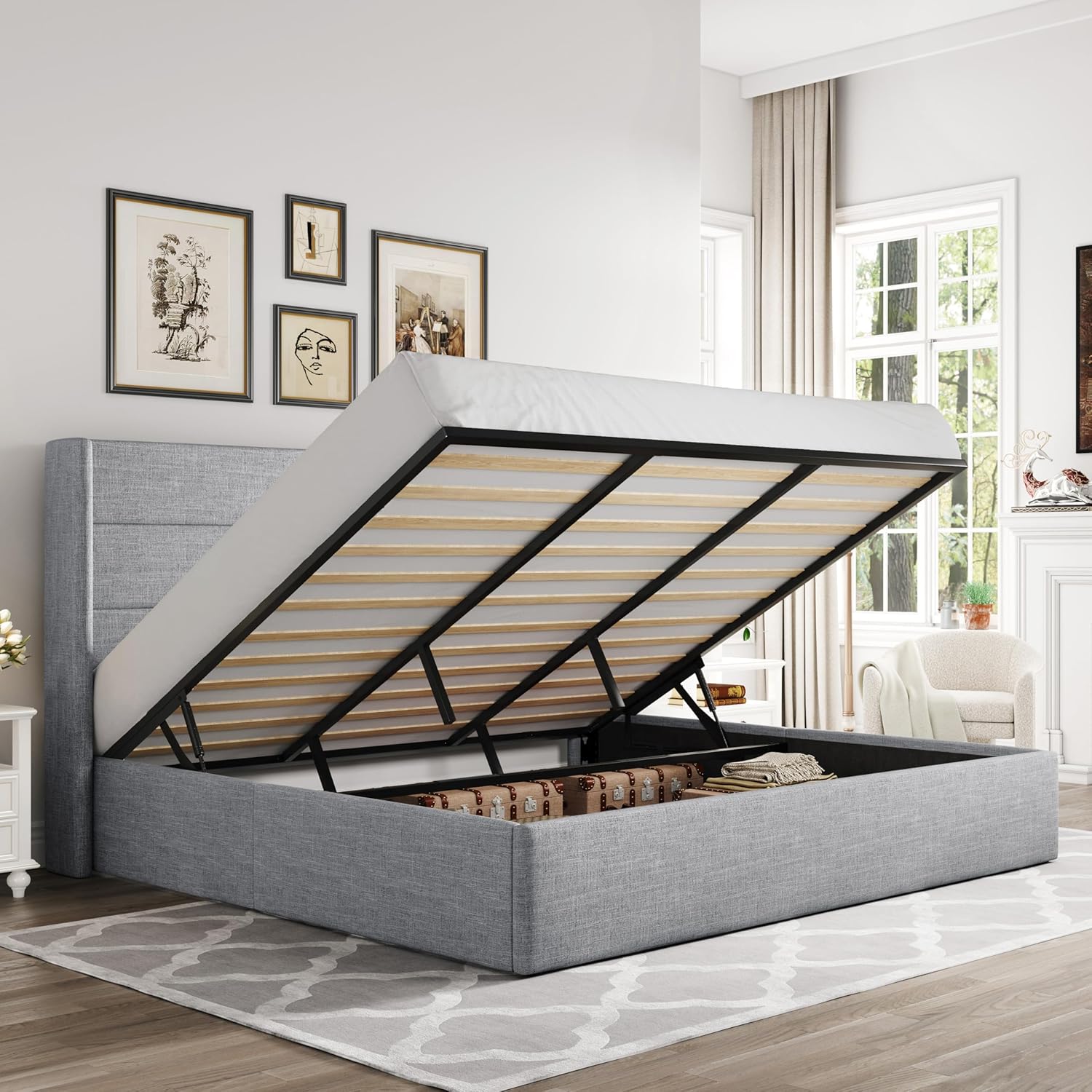 ALLEWIE Queen Size Lift Up Storage Bed with Wingback Headboard