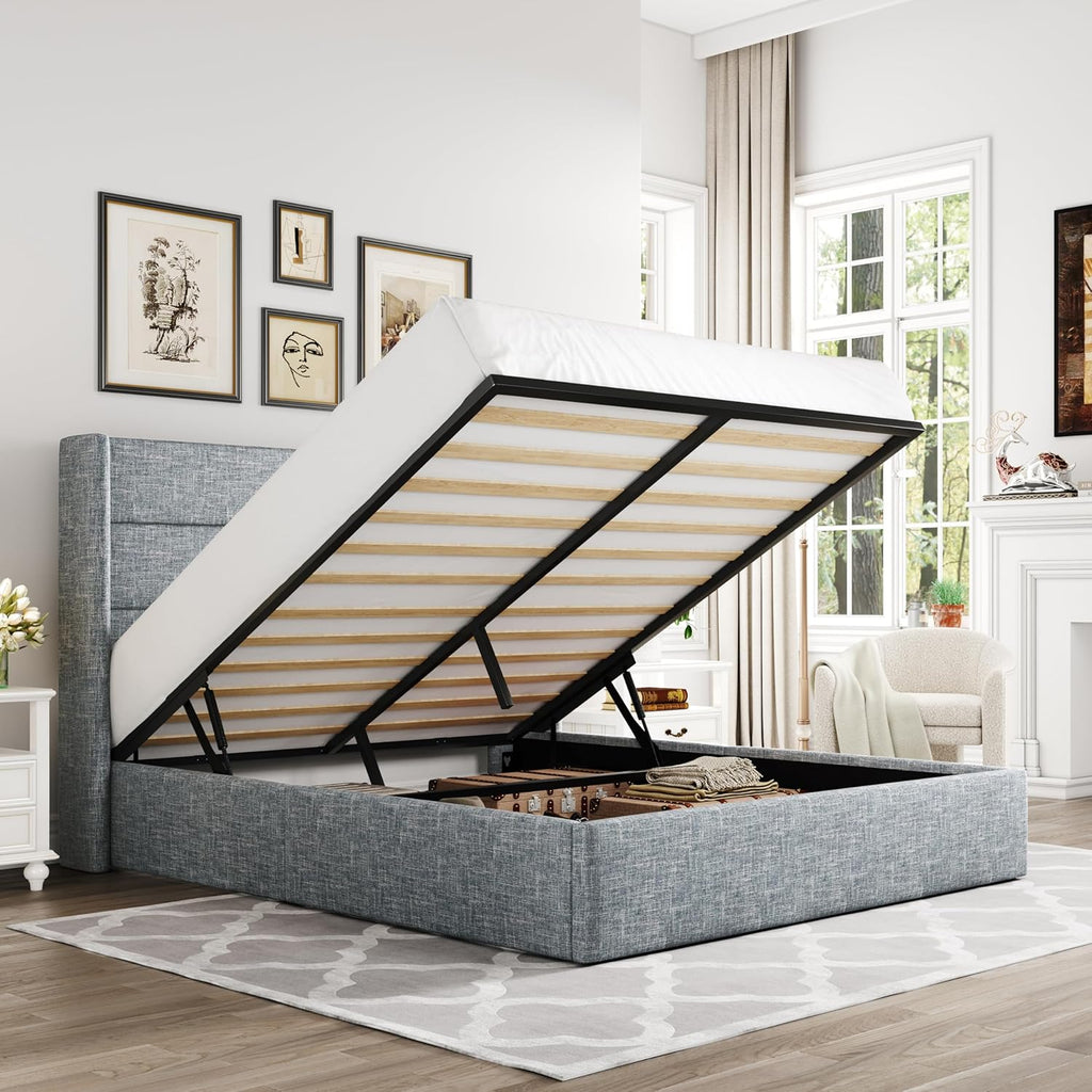 ALLEWIE Queen Size Lift Up Storage Bed with Wingback Headboard