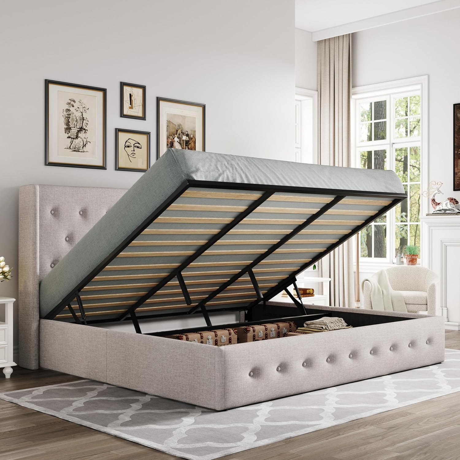 ALLEWIE Queen Size Lift Up Storage Bed with Wingback Headboard