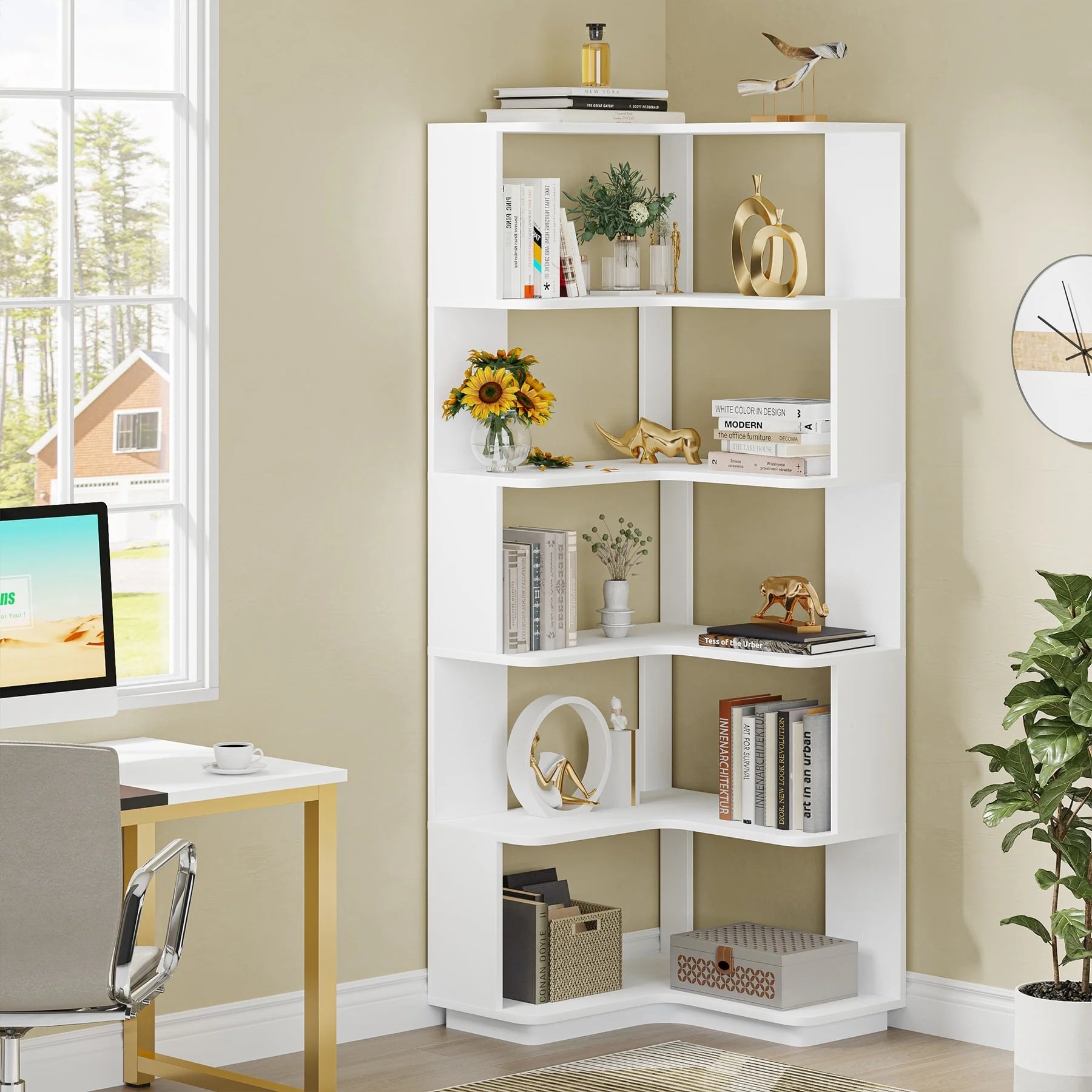 6-Tier Corner Book Shelf, 64.9Tall Freestanding Wood Industrial Bookcase Bookshelf