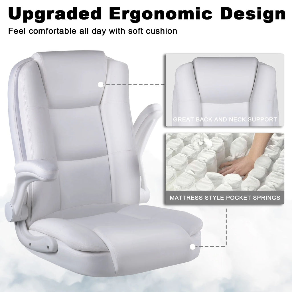 BOSSIN Big and Tall Office Chair Ergonomic High Back Computer Adjustable Height Leather Executive Chair with Padded Flip-up Arms