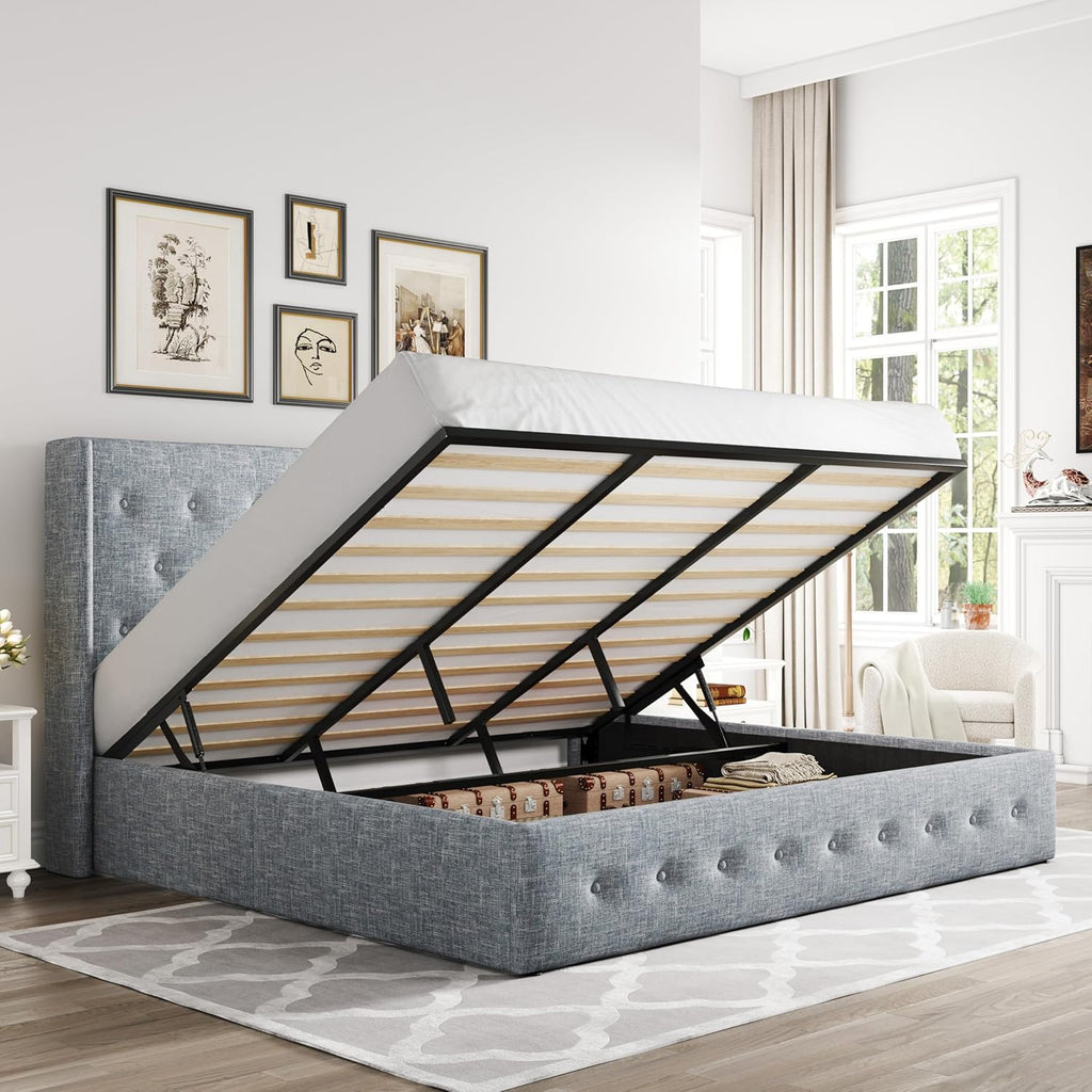 ALLEWIE Queen Size Lift Up Storage Bed with Wingback Headboard