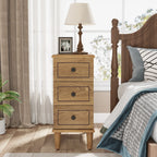 Fully Assembled Narrow End Table, Solid Wood Side Table with 3 Drawers, Vintage Nightstand Slim Bedside Table for Small Spaces