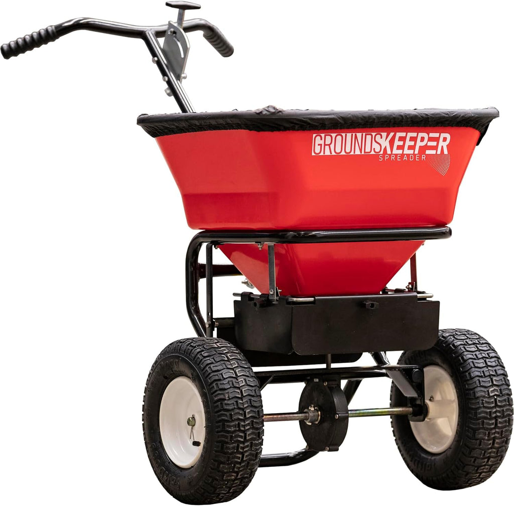 Multi-Purpose Walk Behind Push Spreader Grounds Keeper, 100 Pound Capacity, Multi Use Tool for Grass Seed, Salt, De-Icer, Fertilizer and Seeds