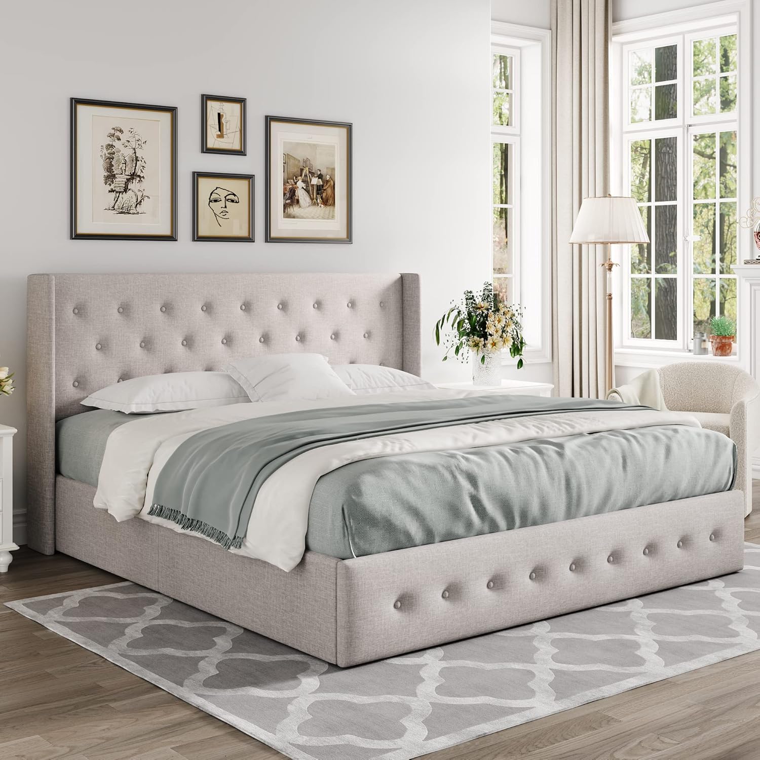 ALLEWIE Queen Size Lift Up Storage Bed with Wingback Headboard