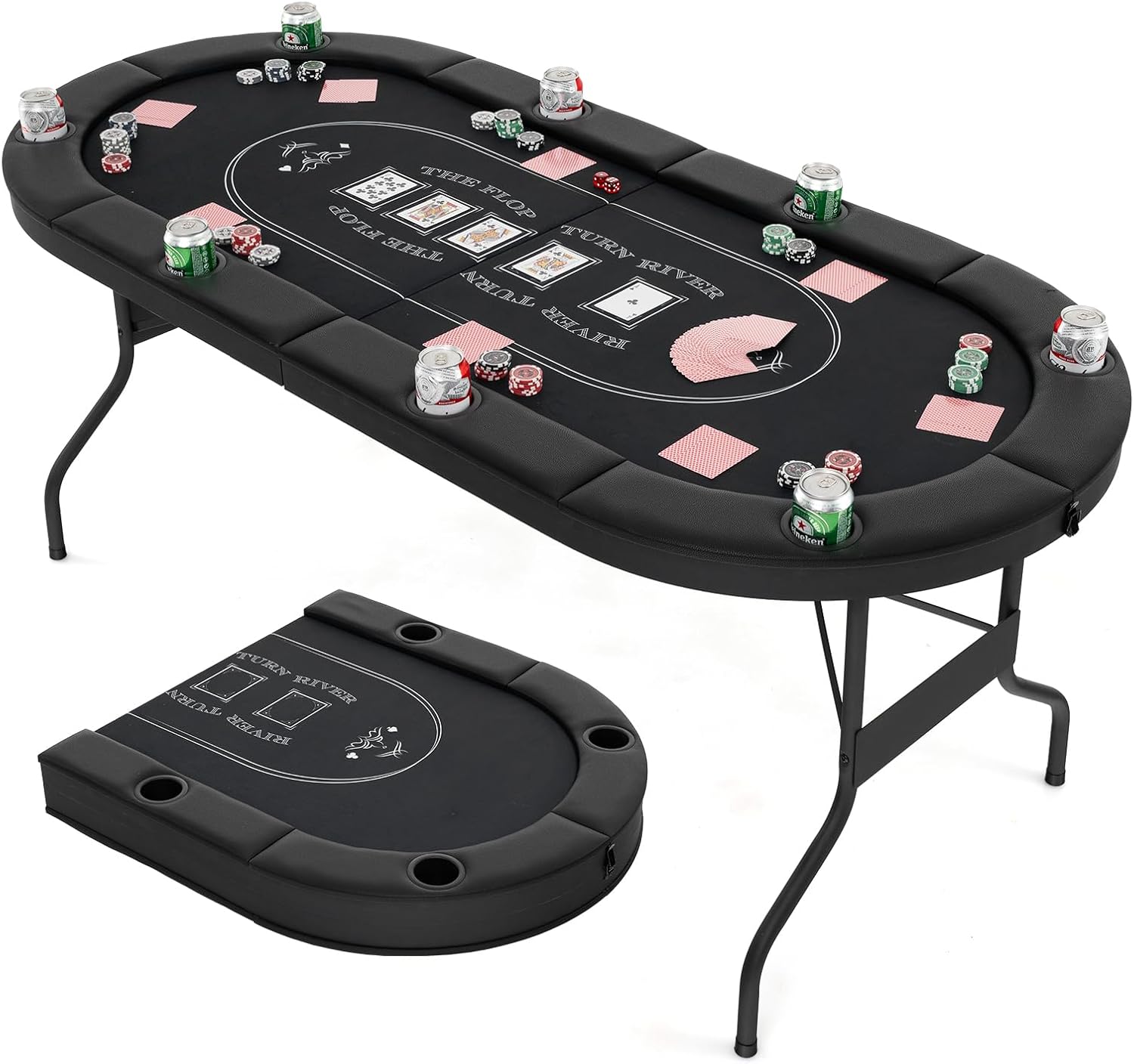 Poker Table Foldable, 8 Players Card Board Game Table w/Deep Metal Cup Holders