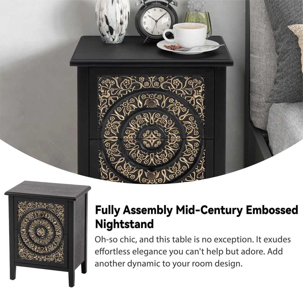 COZAYH Farmhouse Fully-Assembled Nightstand with 2-Drawer, Flower Motif End Table for Small Spaces, French Country